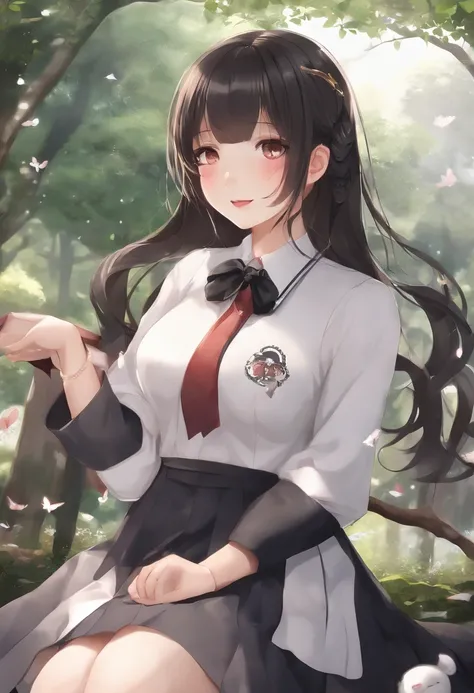 There was a woman with a bow tie，Wear a transparent shirt, Full-figured, white hime cut hairstyle, Surrealism female students, japanese girl school uniform, Ruan cute vtuber, cute female student,With a smile, wearing a Japanese school uniform, Surrealism f...