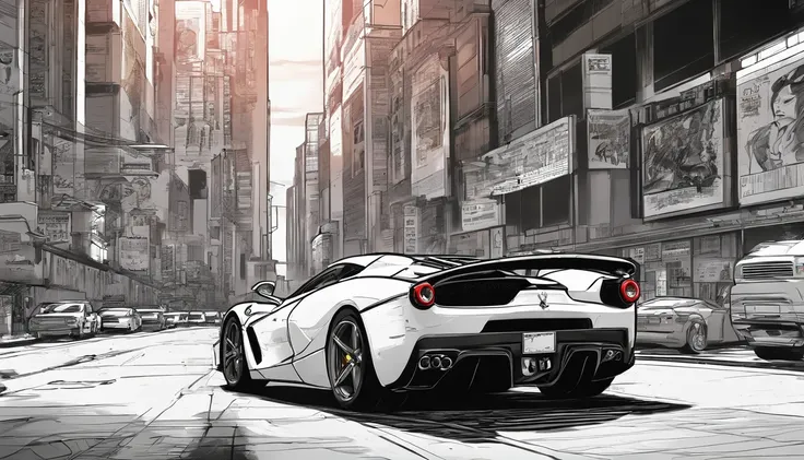 best quality, masterpiece, photo, 4K, photorealistic, highly detailed, La Ferrari, side view, techwear, cyberpunk city, solo, futuristic, black and white, by Akira Toriyama, ((1:3 ratio object:background))