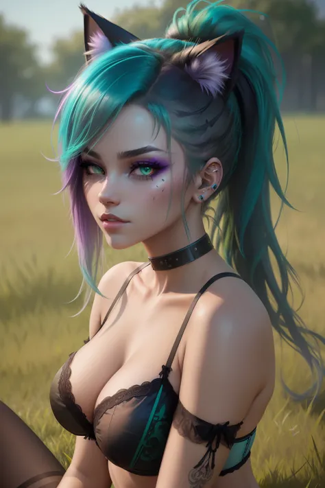 catgirl, big cat ears, full body, beautiful girl, ponytail teal-green disheveled hair, purple eyeshadow, (lingerie:1.2), laying on grass (grass background:1.2), dark makeup, digital art, trending on artstation, highly detailed, fine detail, intricate, beau...