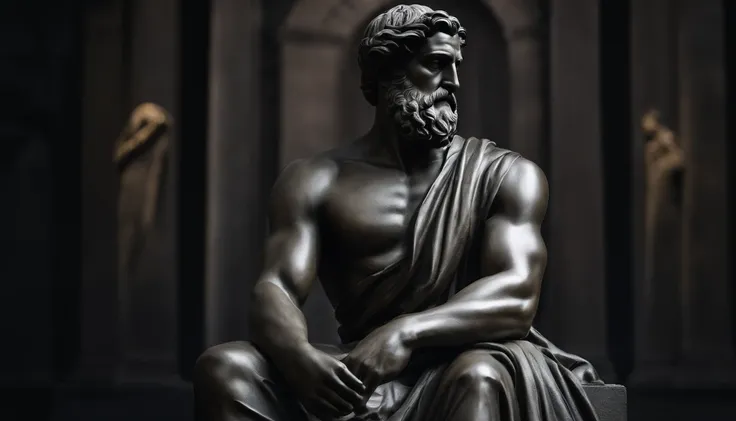 Please create an image of a statue of a muscular Greek philosopher, sitting in a contemplative and pensive pose, with the image background black. The statue must portray the philosopher in a serene and introspective posture, with well-defined muscles and t...