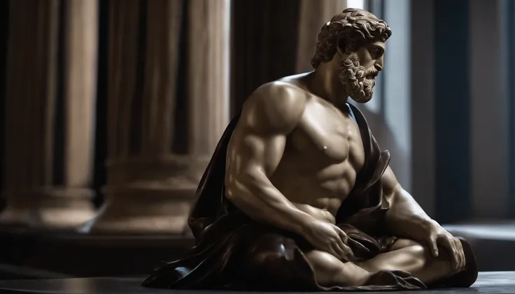 Please create an image of a statue of a muscular Greek philosopher, sitting in a contemplative and pensive pose, with the image background black. The statue must portray the philosopher in a serene and introspective posture, with well-defined muscles and t...