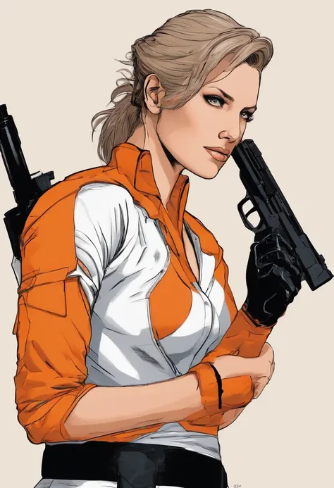 meryl silverbugh, metal gear solid, con el pelo naranja, camiseta de tirantes negra, guantes con los dedos al descubierto, mirada sexy, de perfil, con una pistola