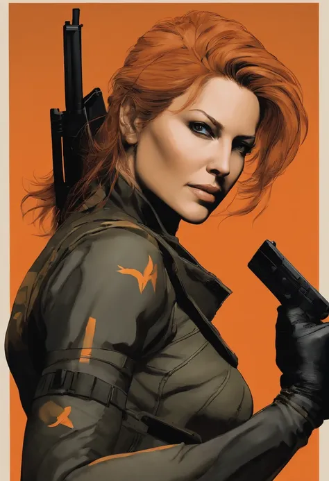 meryl silverbugh, metal gear solid, con el pelo naranja, camiseta de tirantes negra, guantes con los dedos al descubierto, mirada sexy, de perfil, con una pistola