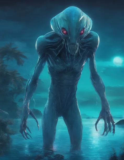 Walk, Hands and feet, Big eyes, Monster, (((Humanoid translucent alien creature))), Light, Blue light,, Ocean, Plants in the water,Rich in color