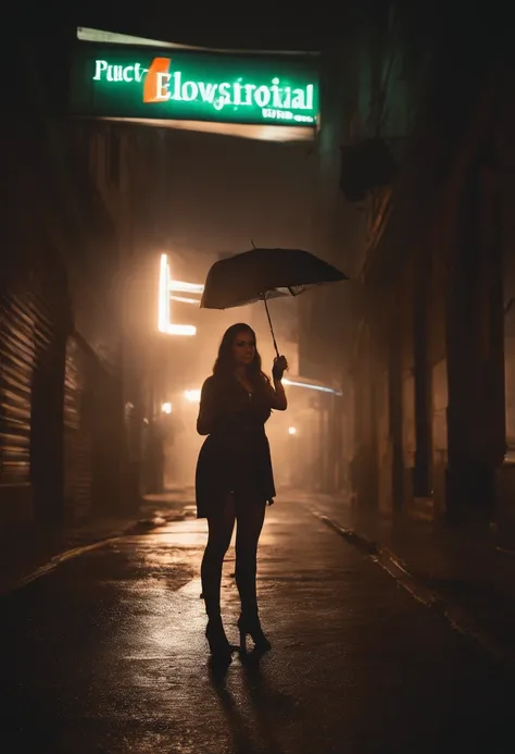 Woman standing lonely under a subtle neon glow, actionpose:1.2, cabelo verde-marinho claro, cabelos curtos e cacheados, casaco preto longo, Tactical Jumpsuit, pele branca, grande, Perfect hazel brown eyes, Slender and athletic body, Neon Noir, melhor quali...