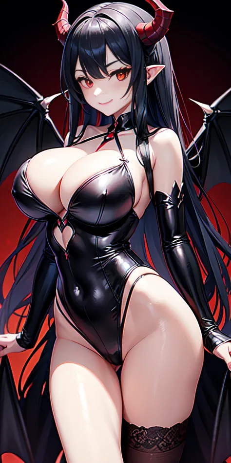 Demon, Demon Girl, black hair, red eyes, Demon Wings, Dimension of Demons, hell, smile, revealing clothes, big breasts