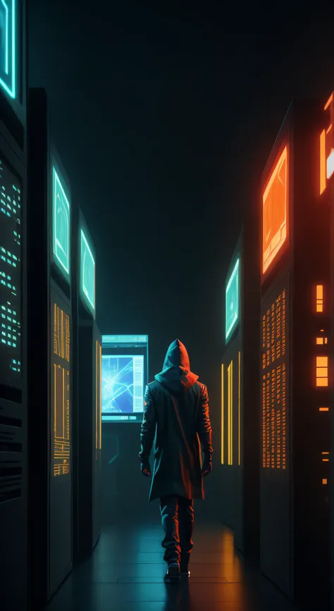 A lone hacker, immersed in a dark room full of bright computer screens and floating holograms., cyberpunk aesthetics, action movie shot by Kon Satoshi, Semi Impasto style, matte painting, atmospheric, bright, dramatic lighting