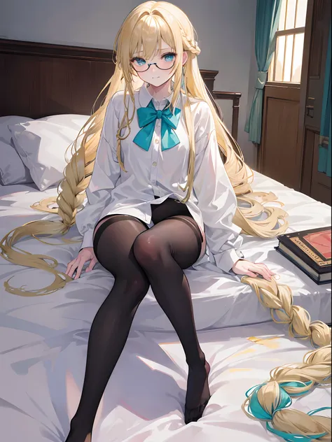 18-year-old blonde, Turquoise eyes, long-haired,Braid left and right, Wear glasses, Wear a long white shirt.....button up.  No pants, no bed., Wear black stockings...., Show off your legs........With a slightly smiling face.....