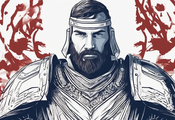 man with short beard, epic rpg portrait, fantasy male portrait, rpg portrait concept art, male warrior, fantasy concept art portrait, epic portrait illustration, detailed character portrait, one human warrior, big black armor with details red, full armor, ...