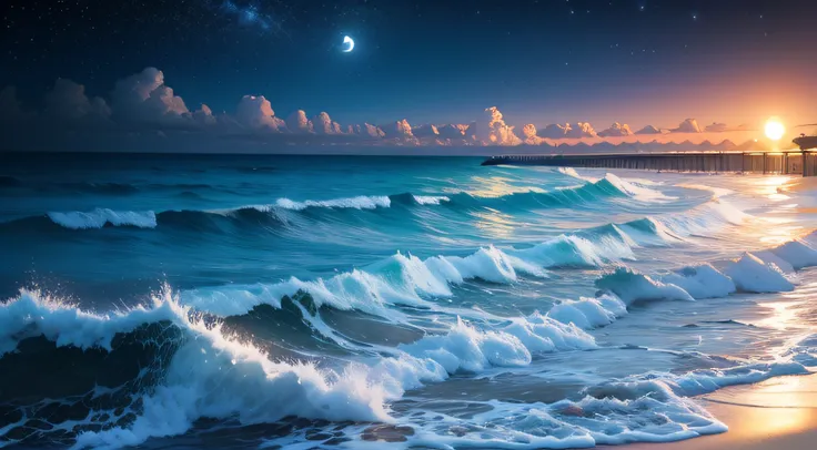 magical blue turquoise moon stars night beach sea