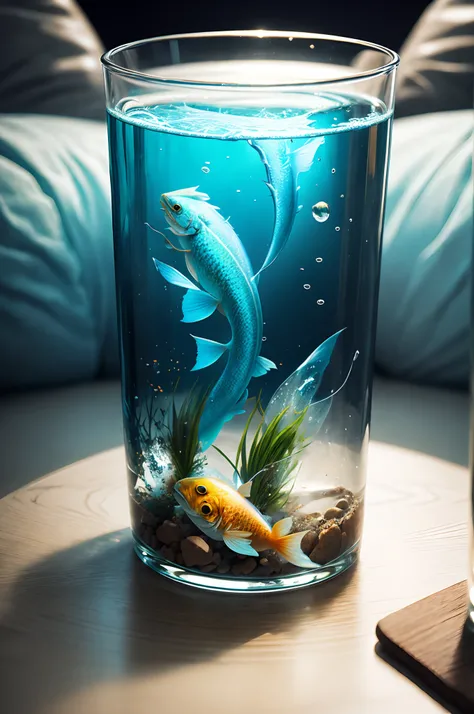 Theres a fish in a glass with water and rocks, ultra realistic 3d illustration, peixes flutuando no quarto, 3 d artistic render, hyper realistic 3d rendering, hyperrealistic 3 d render, azul realista 3 d render, ultrarealistic illustration, Arte 3D fotorre...