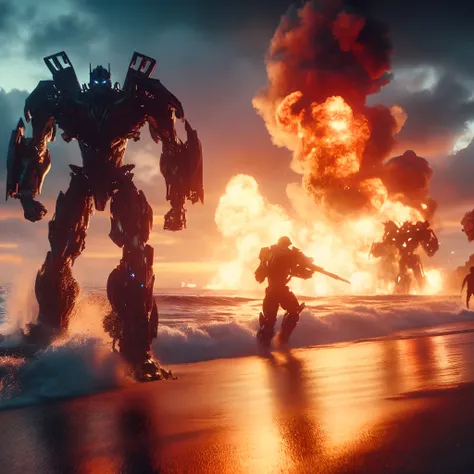 Transformers war robots are running on the beach with smoke coming out of them, Soldados e Mech lutam, guerra mechs lutando, mech machines firing bullets, No filme Transformers, Transformadores : the last knight, Mad Max Battlemech, pacific-rim-mech no fun...