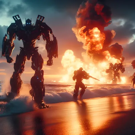 Transformers war robots are running on the beach with smoke coming out of them, Soldados e Mech lutam, guerra mechs lutando, mech machines firing bullets, No filme Transformers, Transformadores : the last knight, Mad Max Battlemech, pacific-rim-mech no fun...