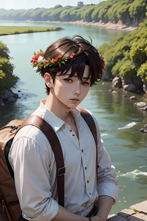 Jungkook with a wreath on his head by the river