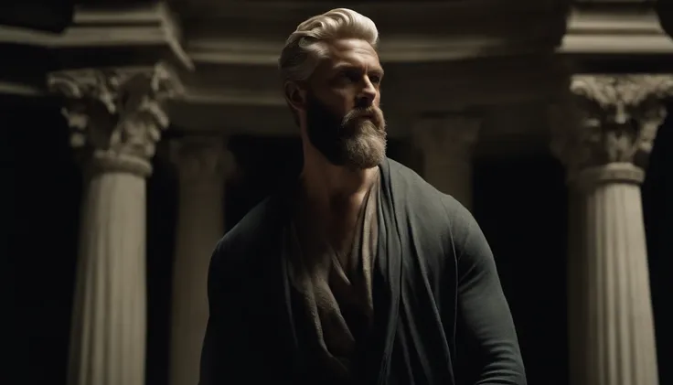 A white marble statue of a muscle, Bearded man with a stern look in a dark square at night, in the style of photographers Annie Leibovitz and Peter Lindbergh.