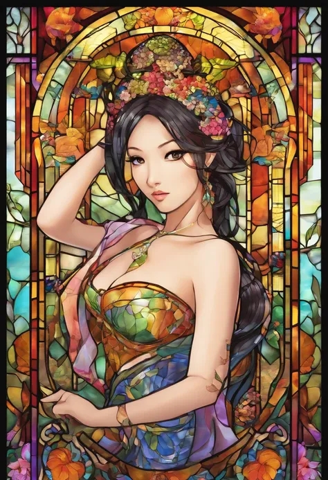 Asian Beautiful girl, Stained Glass, NAKED, best quality, masterpiece, ultra high resolution, (photorealistic:1.4), raw photo, shiny skin, BRIGHT BODY, dramatic lighting, full body, big breasts, exposed breasts, different positions , different poses, diffe...