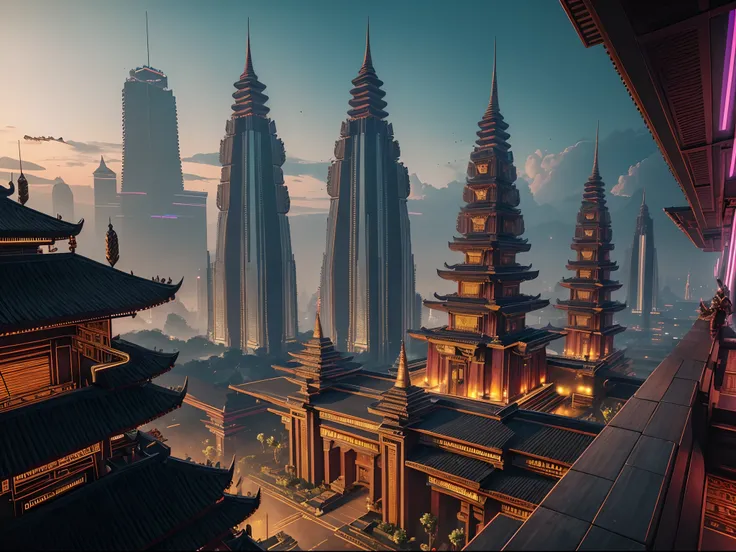 (masterpiece), (Majapahit), (kingdom), (Java), (cyberpunk), The Great Majapahit Empire in the Future, advanced technology, Cyberpunk Style, Mix of Traditional and Modern Futuristic, High detailed, hyper realistic, View of a Great Kingdom, Buildings with ne...