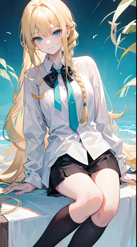 18-year-old blonde, Turquoise eyes, long-haired,Braid left and right, Wear a long white shirt.......button up.  , No pants..., Wear black stockings......, Show off your legs..........With a slightly smiling face.......