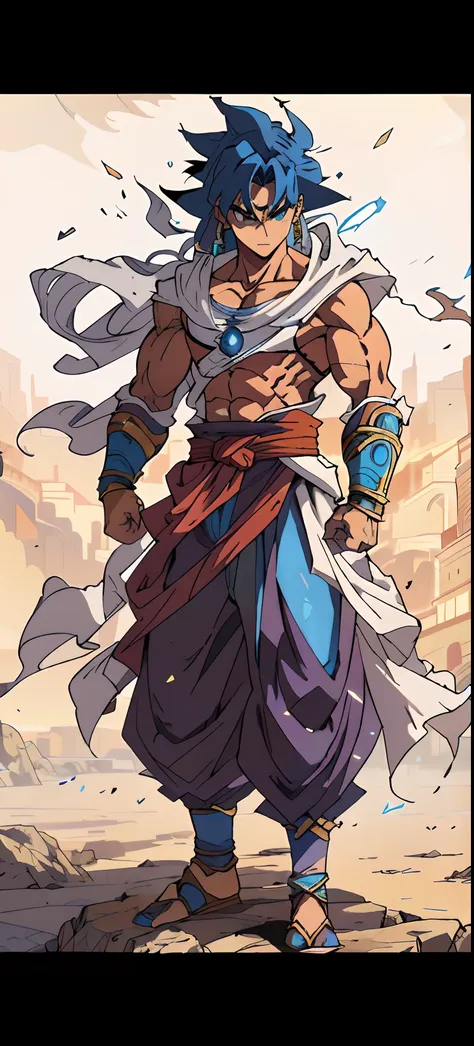 a cartoon of a man with  a blue outfit, desert fighter ancient mage, handsome prince of persia, broly, muscular character, djinn human hybrid, anime character, gentleman, powerful stance, human goku, handsome guy in demon slayer art, muscular male hero, po...