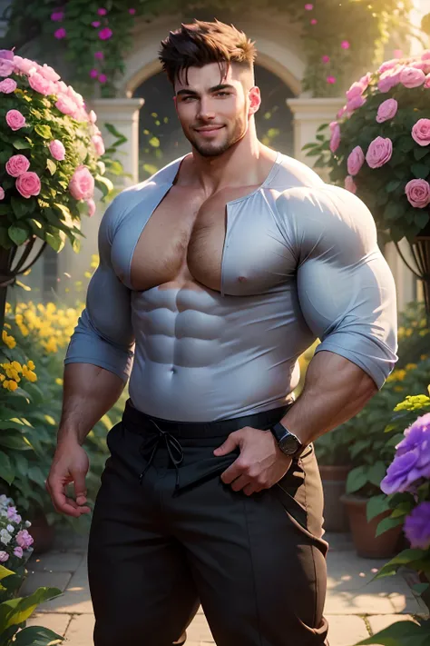 Handsome guy., Bouncy body, Big claws, strong.  Wearing a long shirt, smiling brightly and standing in a large flower garden 3.D,,  8.k,,,,