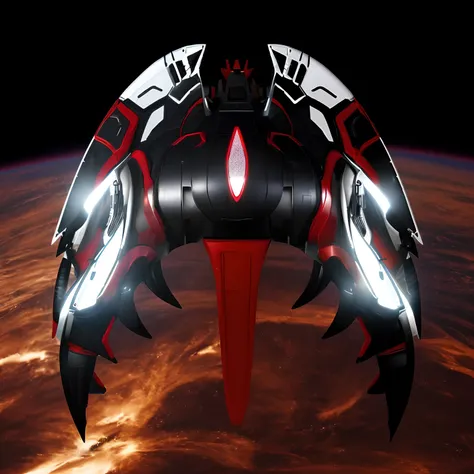 A closeup of a fighter jet with black and white and red stripes, Escuro ( spaceship ), nave estelar futurista, Projeto de naves espaciais, nave espacial scifi, spaceship, alien starship, nave espacial, nave espacial futurista, legendary space ship, 5th gen...