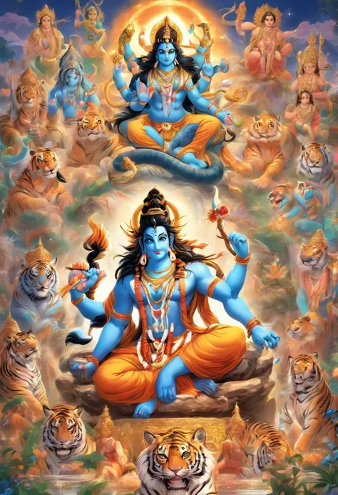 (((Hindu God))) best quality, ultra-high resolution, 4K detailed CG, masterpiece, Shiva,snake on neck, blue, Indian,trident, four arms, Hindu mythology, sitting on tiger skin rug, ((sitting tiger rug) ) Hindu image, aesthetic, beautiful, centered on the sc...