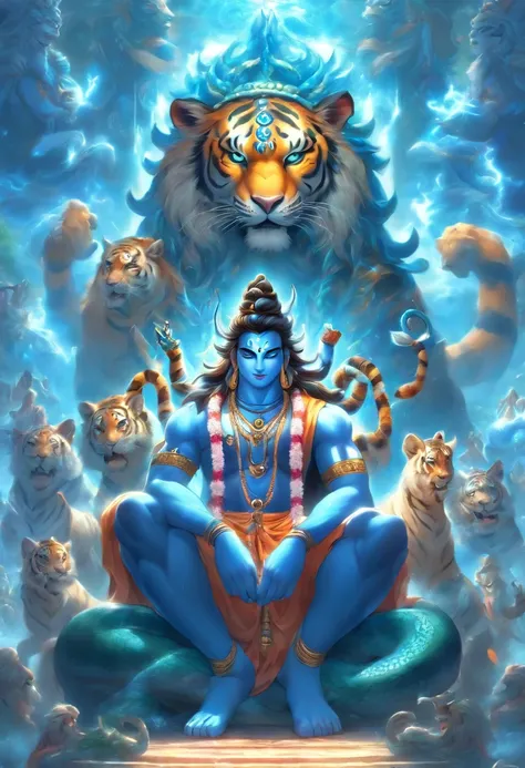 (((Hindu God))) best quality, ultra-high resolution, 4K detailed CG, masterpiece, Shiva,snake on neck, blue, Indian,trident, four arms, Hindu mythology, sitting on tiger skin rug, ((sitting tiger rug) ) Hindu image, aesthetic, beautiful, centered on the sc...