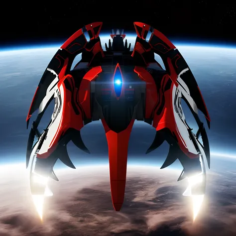 A closeup of a fighter jet with black and white and red stripes, Escuro ( spaceship ), nave estelar futurista, Projeto de naves espaciais, nave espacial scifi, spaceship, alien starship, nave espacial, nave espacial futurista, legendary space ship, 5th gen...