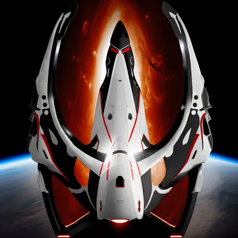 A closeup of a fighter jet with black and white and red stripes, Escuro ( spaceship ), nave estelar futurista, Projeto de naves espaciais, nave espacial scifi, spaceship, alien starship, nave espacial, nave espacial futurista, legendary space ship, 5th gen...