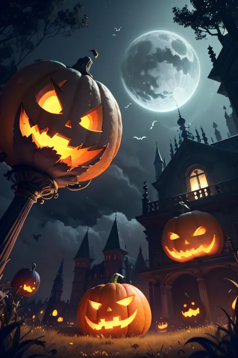 Floating lights of All Hallows Eve, Cinematic light and reflection, Luces brillantes, Elementos intermedios del metaverso，Pintura digital, Reflejos brillantes, reflejar, All Hallows Eve jack-o-lantern, Noche tranquila, Digital illustration, Ambiente agrada...