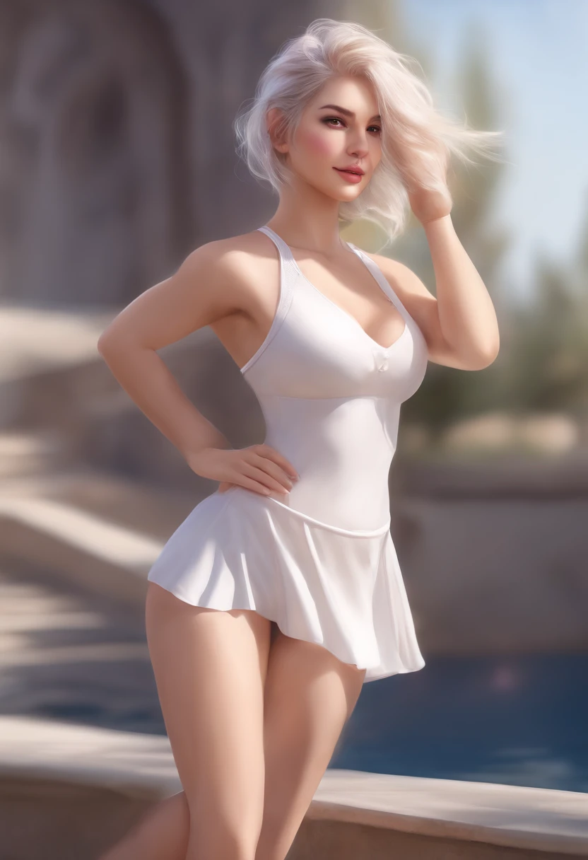 realistic, 1girl, ponytail, parted lips, blush, makeup, light smile, white hair, sportswear, skirt, see through clothes, visible nipples, perfect tits, glow, thighs, purple eye, bare shoulders, collarbone, narrow waist, sunbeam, sunlight, rose, wind, nude,...