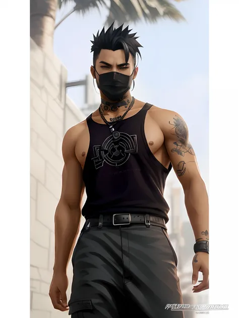 Close-up of a man wearing a mask and a black shirt, cyberpunk street goon, anime style character, male anime character, Male anime style, male character, Realistic art style, Anime figure, muscular character, As a character in Tekken, realism art style, re...