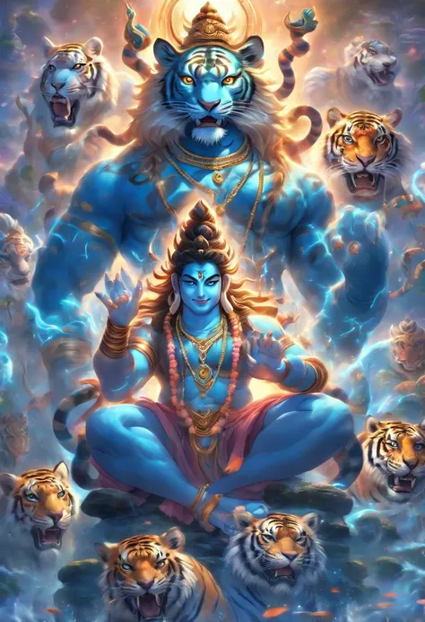 (((Hindu God))) best quality, ultra-high resolution, 4K detailed CG, masterpiece, Shiva,serpent on neck, blue, Indian,trident, four arms, Hindu mythology, ((sitting tiger skin) ) Hindu, aesthetic, beautiful image, centered on the screen