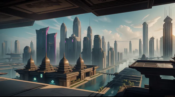 (masterpiece), (Majapahit), (kingdom), (Nusantara), (dystopian), (cyberpunk), The Great Majapahit Empire in the Future, advanced technology, cyberpunk Style, Mix of Traditional and Modern Futuristic, High detailed, hyper realistic, View of a Great Kingdom ...