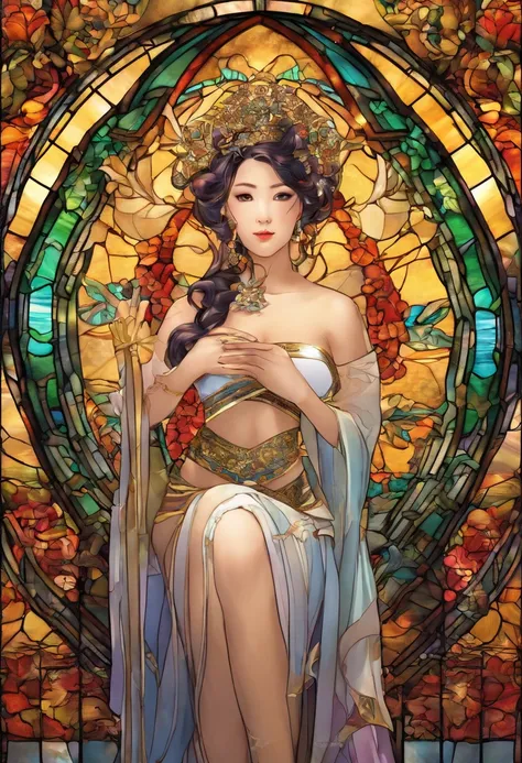 Asian Beautiful girl, Stained Glass, NAKED, best quality, masterpiece, ultra high resolution, (photorealistic:1.4), raw photo, shiny skin, BRIGHT BODY, dramatic lighting, full body, big breasts, exposed breasts, different positions , different poses, diffe...