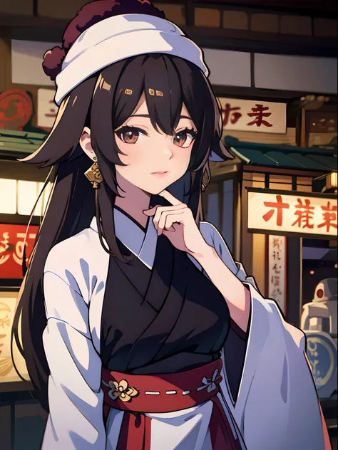 1girl, solo, long hair, black hair, written clothes, brown eyes, looking at the viewer, beanie, lips, upper body, closed mouth, shirt, earrings, https://i.postimg.cc/tCDfNDvp/Screenshot-20230606-212445.png, traditional Japanese market,