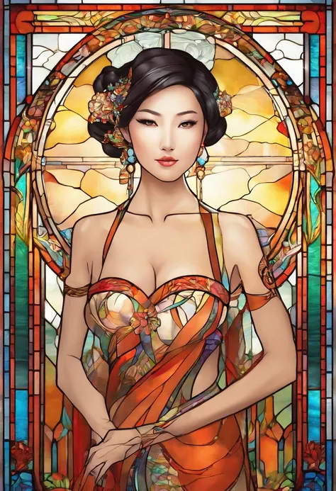 Asian Beautiful girl, Stained Glass, NAKED, best quality, masterpiece, ultra high resolution, (photorealistic:1.4), raw photo, shiny skin, BRIGHT BODY, dramatic lighting, full body, big breasts, exposed breasts, different positions , different poses, diffe...