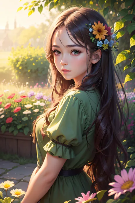 high-quality, 4k resolution, realistic, vivid colors, detailed, professional, girl in a garden, beautiful detailed eyes,  long eyelashes, flowing hair, colorful flowers, green grass, warm sunlight, oil painting style, soft brush strokes.