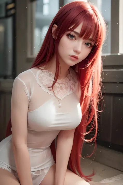 Stable Diffusion prompt:
Anime costume, medium:real girl, beautiful detailed eyes, beautiful detailed lips, extremely detailed eyes and face, long eyelashes, 1girl, full body, wet white tshirt, red hair, restaurant background, power girl, in the city, rain...