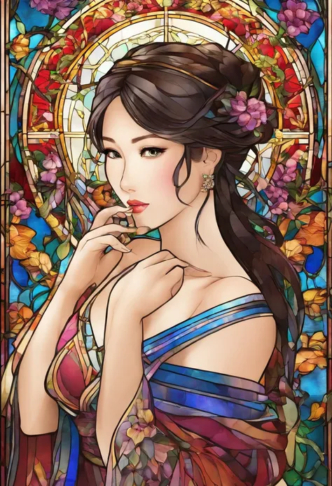 Asian Beautiful girl, Stained Glass, NAKED, best quality, masterpiece, ultra high resolution, (photorealistic:1.4), raw photo, shiny skin, BRIGHT BODY, dramatic lighting, full body, big breasts, exposed breasts, different positions , different poses, diffe...