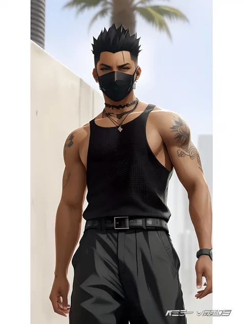 Close-up of a man wearing a mask and a black shirt, cyberpunk street goon, Will Smiths eyes on anime characters，anime style character, male anime character, Male anime style, male character, Realistic art style, Anime figure, muscular character, As a chara...