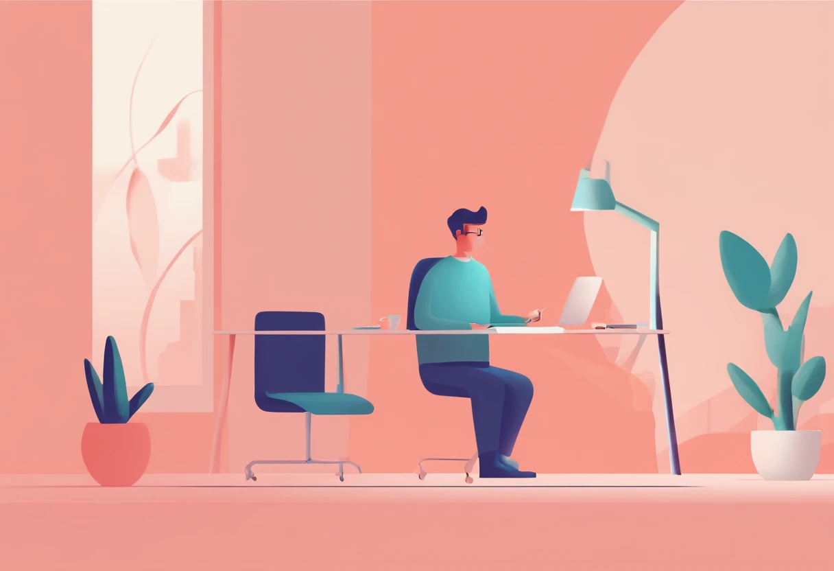 Illustration of a man working on a computer, Edit the pastel color of the illustration, in style of james gilleard, Illustration style, james gilleard artwork, Flat illustration, in style of digital illustration, magazine illustration, editorialillustratio...