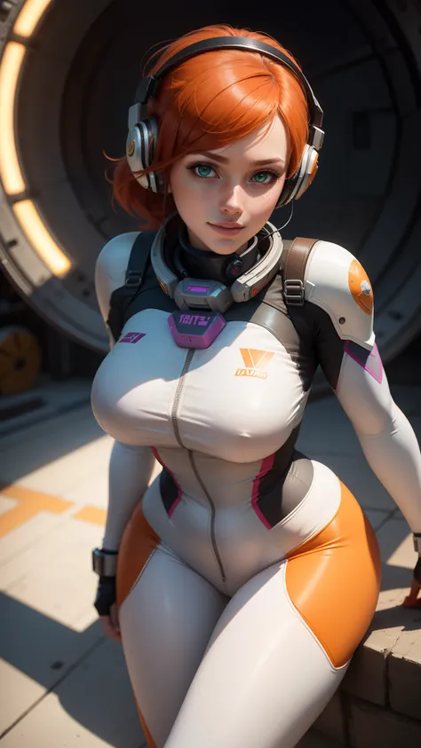 gwen tennyson,1girl,tracer,d.va,rebecca chambers,overwatch,gundam,close up,mecha pilot,space port,white and red plugsuit,hair pin,pirate corset,white long sleeve lycra top,orange leggings,short hair,cute makeup,green eyes,orange hair with highlights,shy sm...