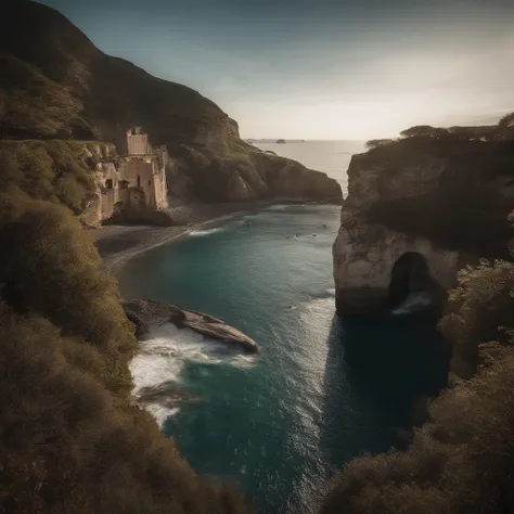 Paradisiacal beach with a river, a steep rock with a waterfall and a 16th century English galleon