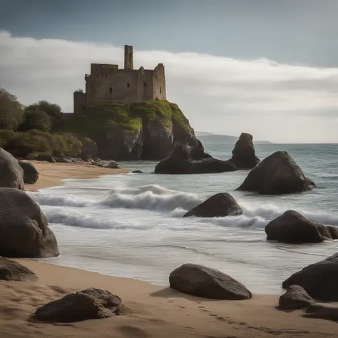 Paradisiacal beach with a river, a steep rock with a waterfall and a 16th century English galleon