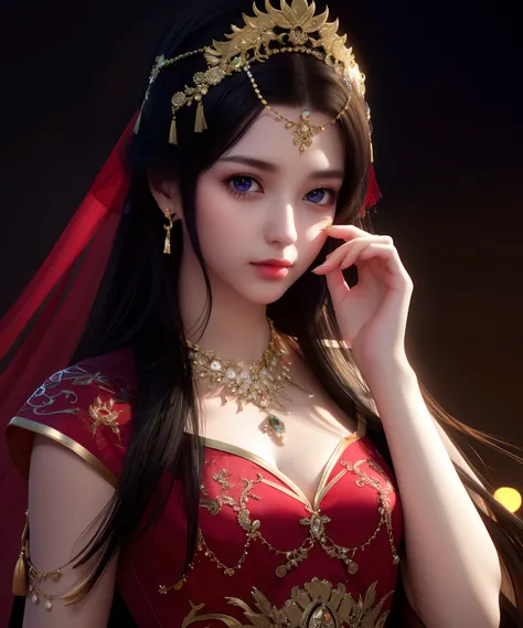 Top Quality, Masterpiece, High Resolution, Single Person, Chinese Dress, Headdress, Necklace, Jewelry, Beautiful Face, Onbody, Tindall Effect, Realistic, Dark Studio, Rim Lighting, Two-Tone Lighting, (High Detail Skin: 1.2), 8K UHD, DSLR, Soft Light, High ...