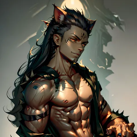 (Black spikey long hair), (dark skinned male), (muscular), (cat ears), (green eyes), (black robes), (long hair), (spikey hair)