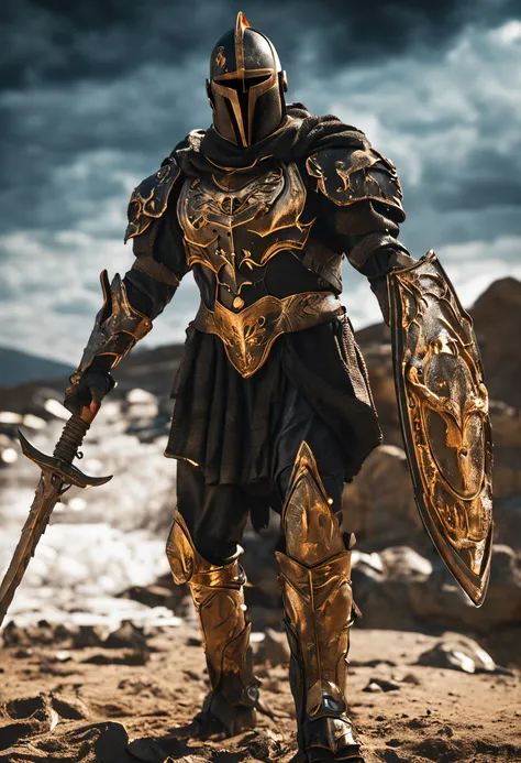 spartan warrior, fighting , stunning armor, black gold armor, epic, 8k