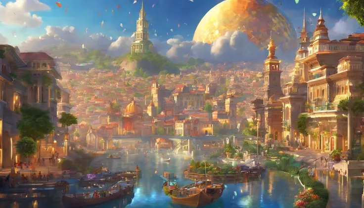 ((City in the sky, city of heaven, the gathering point of the benevolent gods.))Imagine a celestial city that defies all expectations of beauty and happiness. The city should float among the clouds, with ethereal spires and bridges crafted from translucent...