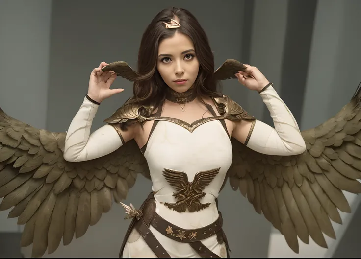 Theres a woman with wings on her back, humano alado, as a mystical valkyrie, com faixas como roupas, fan art, alado, novo conceito de figurino, avian warrior